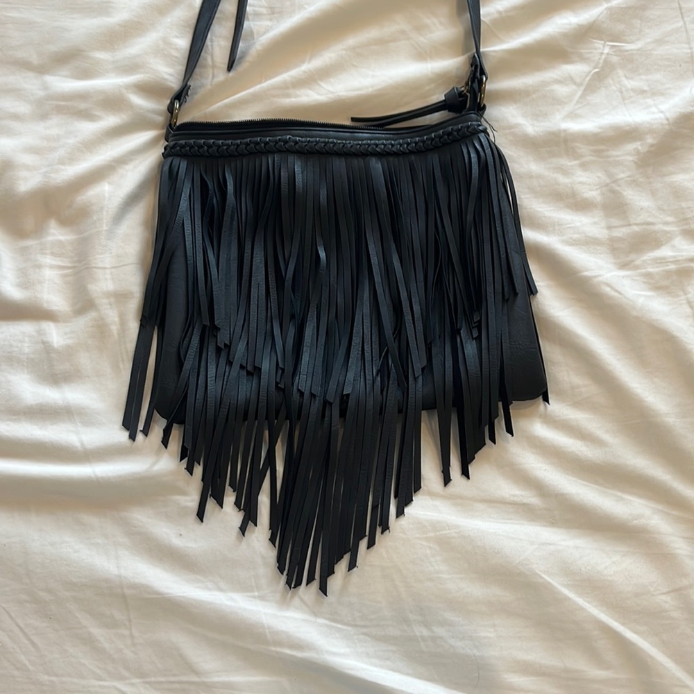 Faux leather black fringe purse